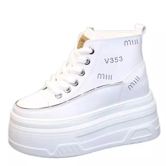 High Top Fashion Sneakers White Chunky Platform Wedge Shoes 12cm 14cm Height Increased Woman Sports Casual Shoe Tennis Female