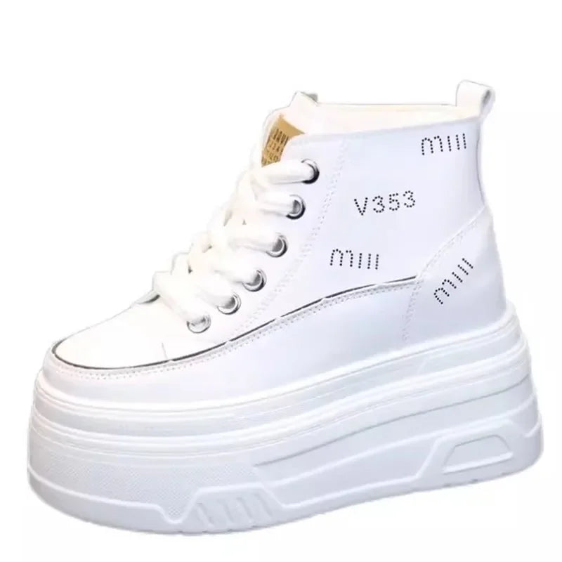 High Top Fashion Sneakers White Chunky Platform Wedge Shoes 12cm 14cm Height Increased Woman Sports Casual Shoe Tennis Female