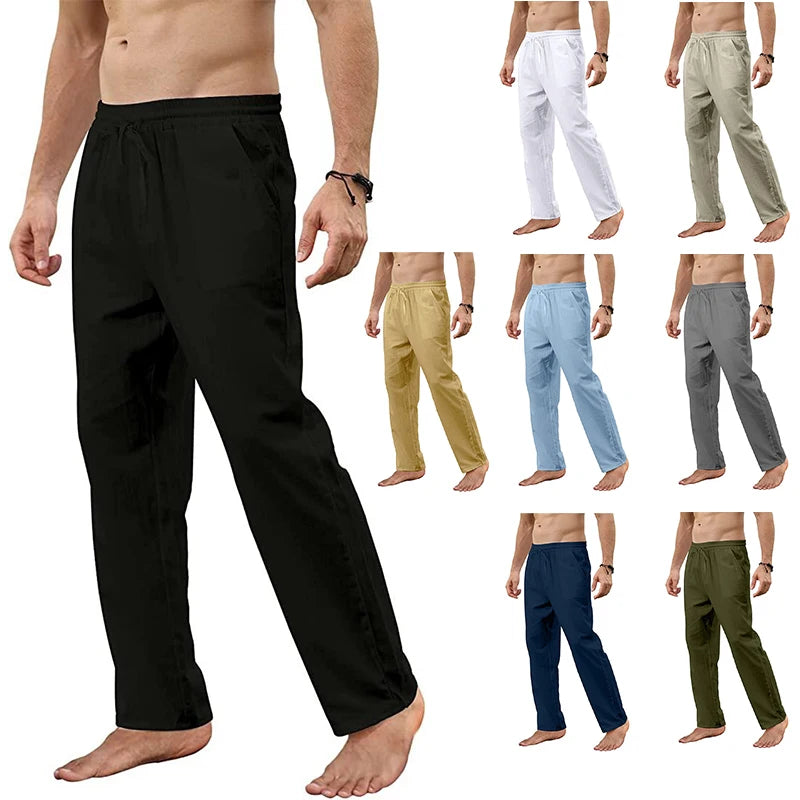 Men's Cotton Linen Pants Loose Breathable Casual Solid Color Long Pants Large Size Streetwear Fitness Lightweight Yoga Trousers