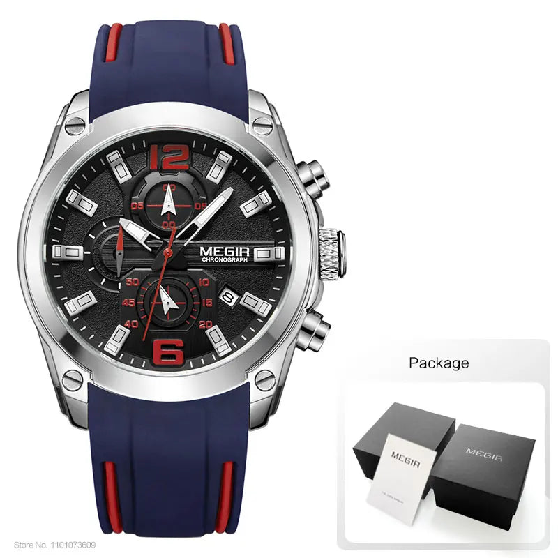 Reloj Megir de cuarzo analógico con cronógrafo para hombre, fecha, manecillas luminosas y correa de silicona resistente al agua.