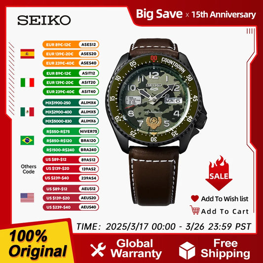 SEIKO 5 Reloj deportivo automático original mecánico 10 bar resistente al agua luminoso para hombre