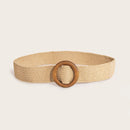 Ladies Round Dark Wooden Buckle Pp Straw Woven Elastic Belt Versatile Summer Fashion Bohemian Style Geometric Pattern