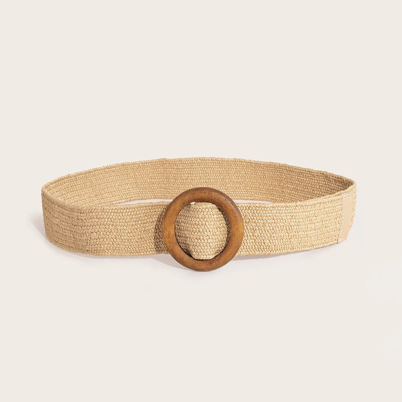 Ladies Round Dark Wooden Buckle Pp Straw Woven Elastic Belt Versatile Summer Fashion Bohemian Style Geometric Pattern