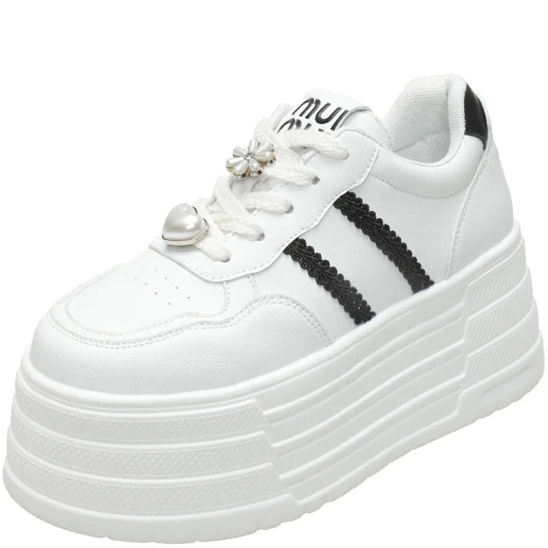 8cm Leather Flats Casual Dad Shoes Chunky Sneakers 2025 Women Platform Sports Shoes Ladies Skateboard Hidden Heels Shoes Tennis