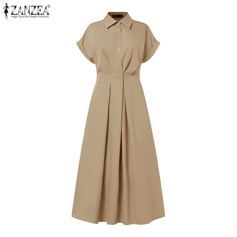 Women Summer OL Work Dress ZANZEA Elegant Short Sleeve Office Sundress Casual Solid A Line Buttons Holiday Vestidos Kaftan Robe