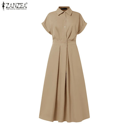Women Summer OL Work Dress ZANZEA Elegant Short Sleeve Office Sundress Casual Solid A Line Buttons Holiday Vestidos Kaftan Robe