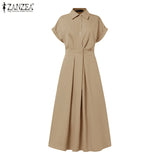 Women Summer OL Work Dress ZANZEA Elegant Short Sleeve Office Sundress Casual Solid A Line Buttons Holiday Vestidos Kaftan Robe