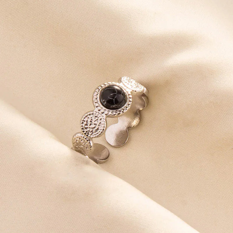 1pc Boho Turquoise Ring Stainless Steel Black Stone Silver Color Adjustable Ring Women Ethnic Ring Bohemian Jewelry Gift No Fade
