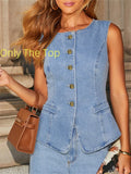Streetwear Denim 2 Piece Sets Women Outfit Summer Clothes Women 2025 Sleeveless Vest Top Wide Leg Pants Sets Jeans Two Piece Set