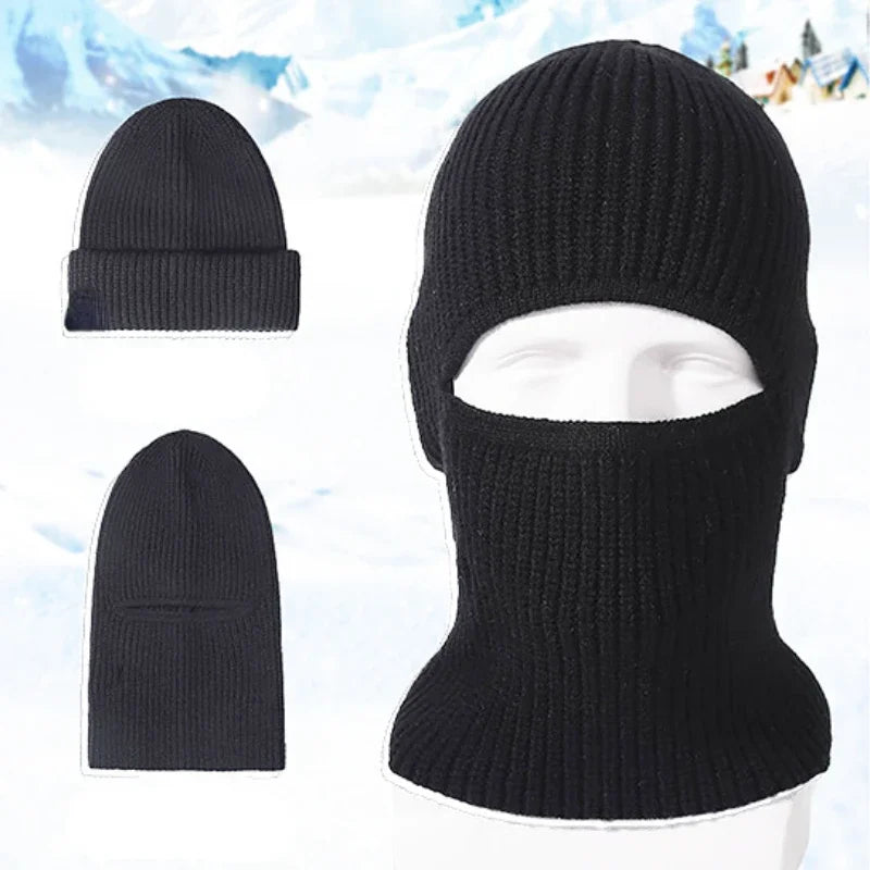 Winter 2 in1 Mask Beanies Hats Warm Knitted Balaclava Hats Windproof Solid Full Face Ski Bonnet Tactical Cycling Earmuffs Cap