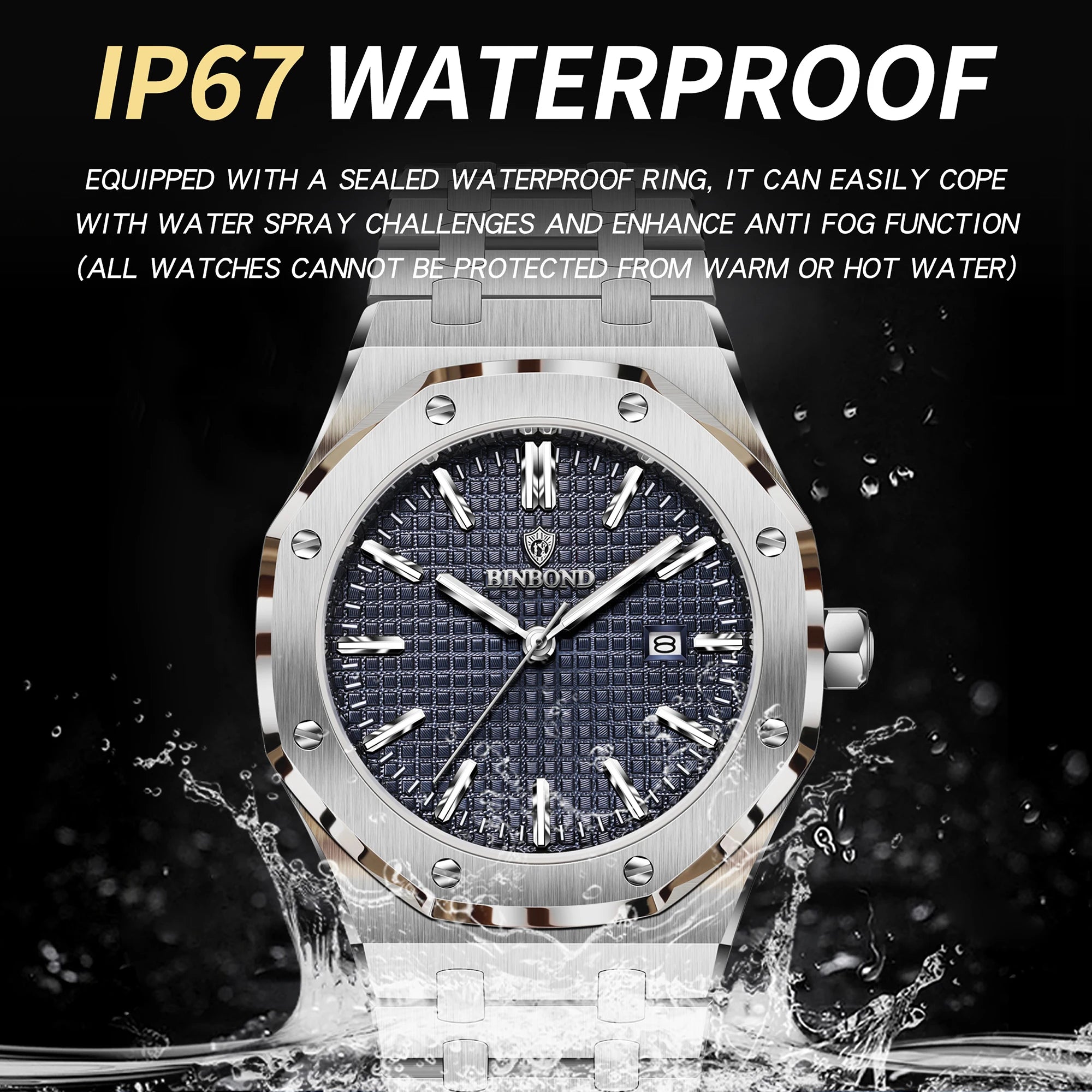 BINBOND Sturdy Stainless Steel Strap Quartz Wristwatches for Men Luxury Luminous Waterproof Auto Date Accurate Men's Watch Reloj
