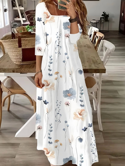 Plus Size Autumn and Winter New Women's Fashion and Elegance Medium and Long sleeved Flower Print Dress Long Style