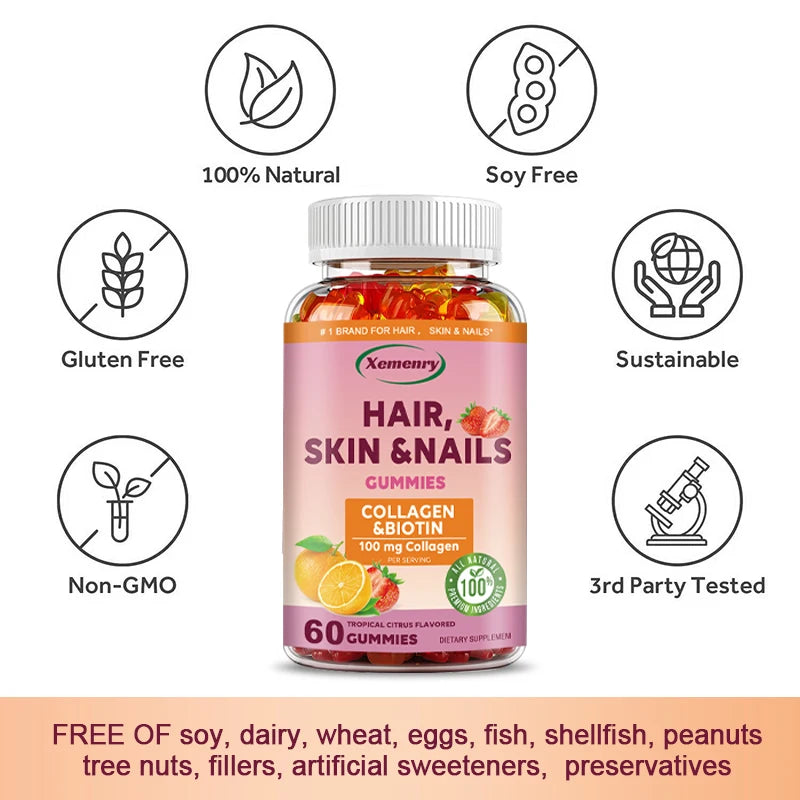 Hair, Skin & Nails Gummy Vitamins - Contains Biotin, Collagen - Promotes Hair Growth, Nourishes Skin, Strengthens NailsSupplemen