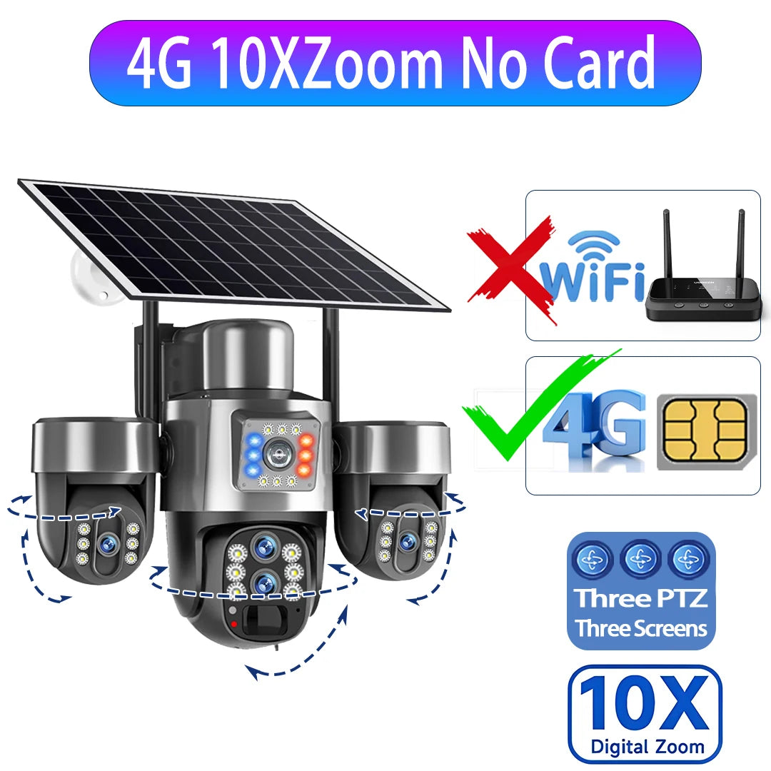 20MP 4G Sim Solar Camera WiFi 10X Optical Zoom 3-PTZ 4-Lens 3-Screens Outdoor Wireless Security Cameras Auto Tracking CCTV V380