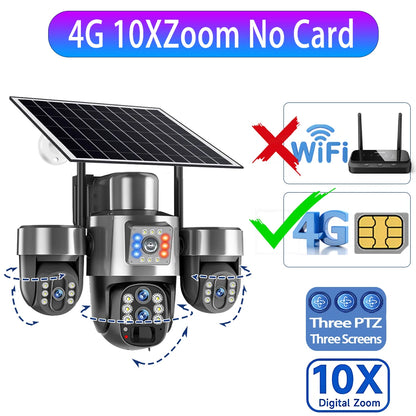 20MP 4G Sim Solar Camera WiFi 10X Optical Zoom 3-PTZ 4-Lens 3-Screens Outdoor Wireless Security Cameras Auto Tracking CCTV V380