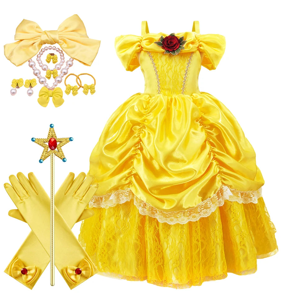 Kids Belle Cosplay Party Princess Dress Beauty Beast Princess Clothes Halloween Event Festival Party Flowers Print Costume