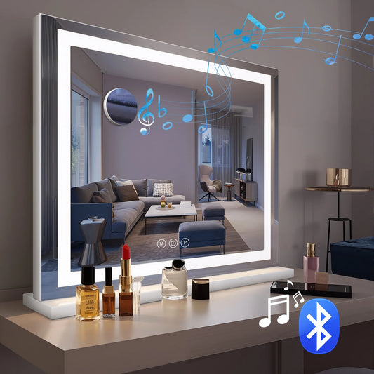 Makeup Mirror with LED Light Bar Dimmable Bluetooth USB Charging port Lighting Cosmetic Mirror for Bathroom Dressing table Wash