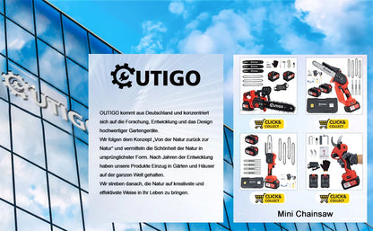 OUTIGO Battery Chainsaw, 8 Inch Chainsaw, 6000mAh Mini Cordless Chainsaw, 4 Chains 3 Guides 2 Batteries