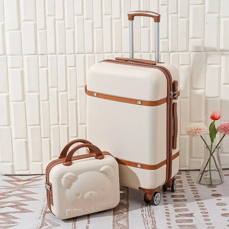Rolling Luggage Set Women's Fashion Combination Lock Travel Suitcase Set Universal Cosmetic Bag Retro 2-Piece Trolley Luggage Set