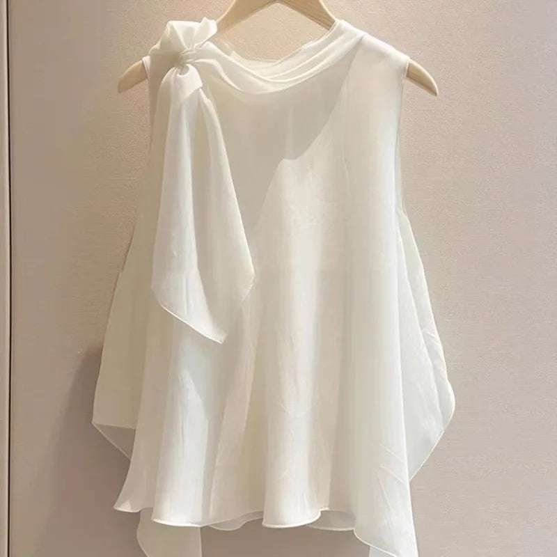 Fashion Beautiful White Bow Sleeveless Top for Women 2026 Summer New All-match Shirt Y2k Tanks Loose Blusas Mujer Blouse
