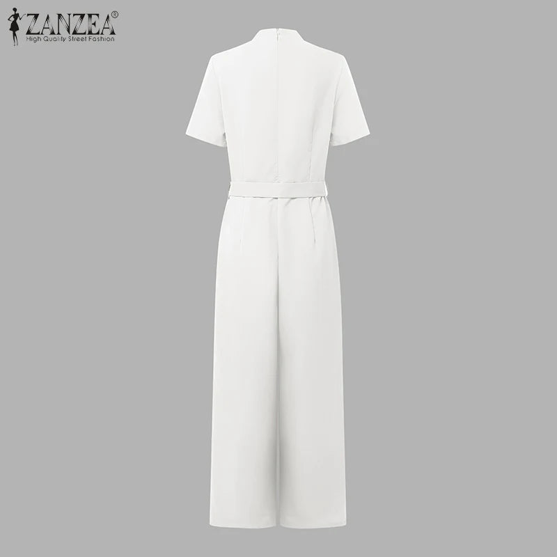 ZANZEA Street Fashion High Waist Jumpsuits Women Workwear Belt Rompers Solid Deep V Neck Elegant Office Lady Long Overalls