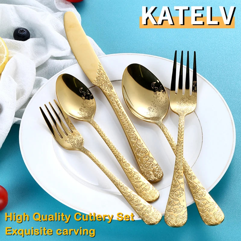 Juego de cubiertos de alta calidad con mango tallado exquisito, vajilla dorada de acero inoxidable, cuchillo, tenedor, cuchara, juego de cubiertos