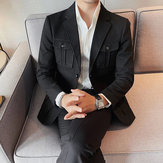 Chaqueta de traje de tweed para hombre, blazer de un solo pecho, gris, moda 2024, abrigo de diseñador de lujo para hombre, ropa de estilo coreano informal