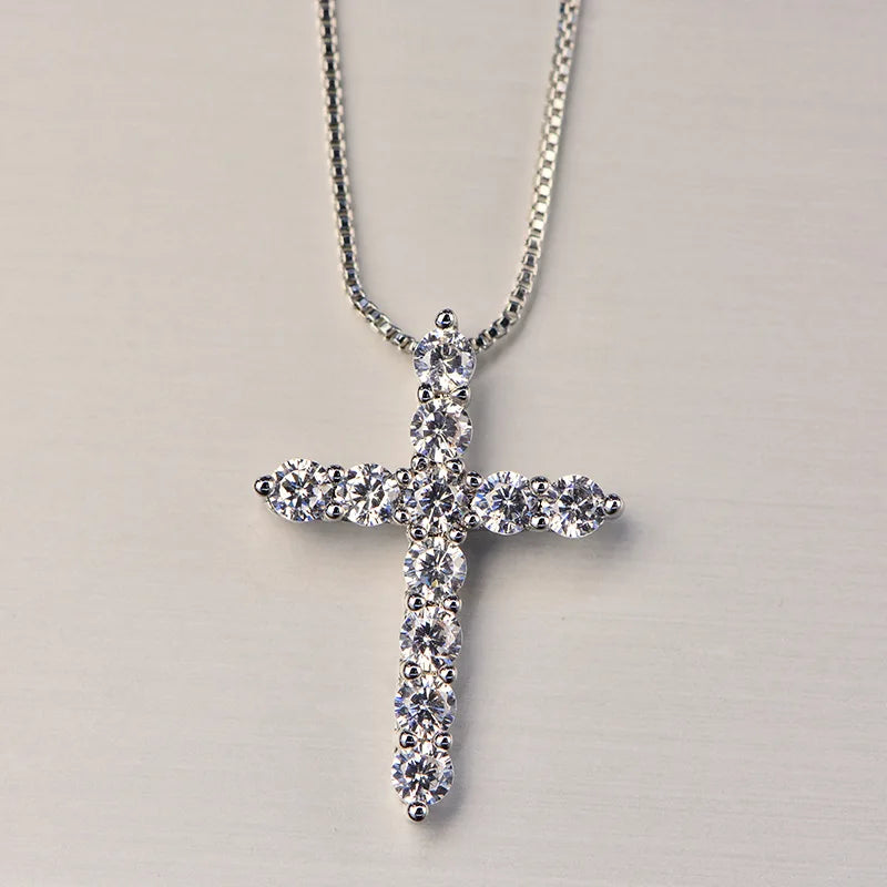 925 Sterling Silver Necklace for Men and Women, Box Chain, Shiny Crystal, Classic Cross Pendant, Fashion Jewelry, 16-24 Inches 
