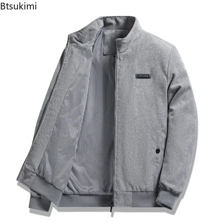2024 Men's Casual Warm Jacket Spring Autumn Solid Color Stand Bomber Coat Men Corduroy Outwear Fashion Zipper Slim Jacket Men