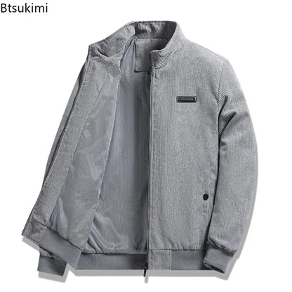 2024 Men's Casual Warm Jacket Spring Autumn Solid Color Stand Bomber Coat Men Corduroy Outwear Fashion Zipper Slim Jacket Men
