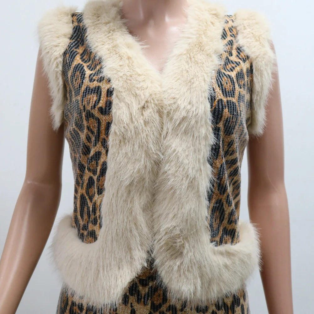 CM.YAYA Conjunto de mujer sin mangas de piel de leopardo con lentejuelas, cuello en V, chaleco de lana y pantalón, conjunto de 2 piezas Street Two 2024, chándal