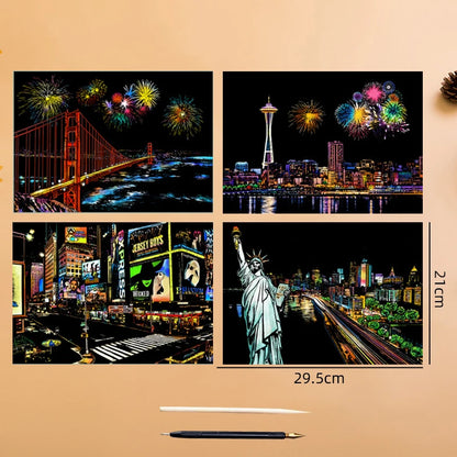 2 Sheets Scratch Paper Art Kit DIY Craft World Landmarks Animals City Scene Stylus Drawing Toy Adult Stress Relief Creative Gift