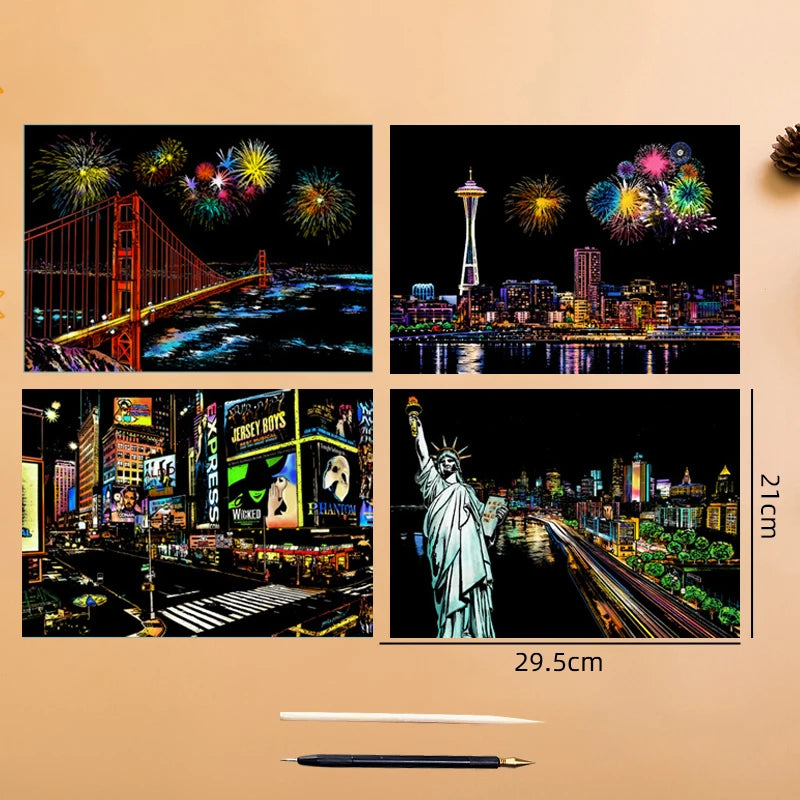 2 Sheets Scratch Paper Art Kit DIY Craft World Landmarks Animals City Scene Stylus Drawing Toy Adult Stress Relief Creative Gift