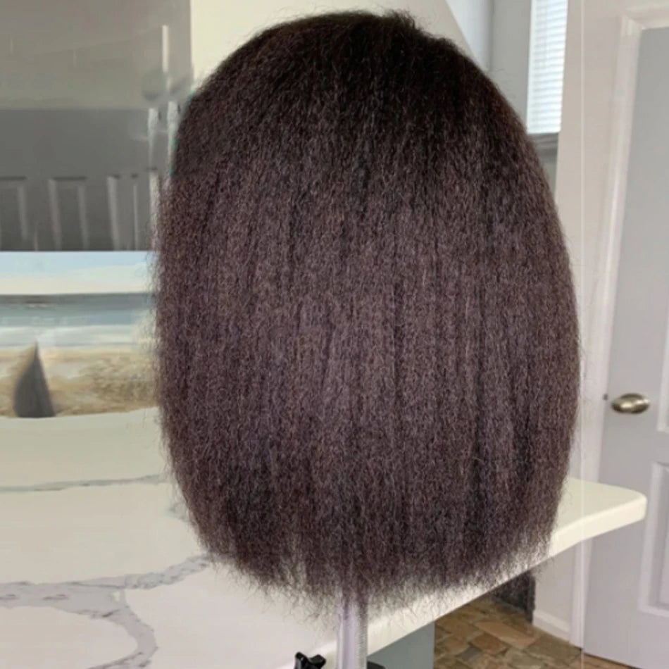 Glueless Kinky Straight Short Bob Virgin Human Hair Wig 13x4 Frontal HD Transparent Lace Peruvian Remy Soft Yaki Wear And Go Wig