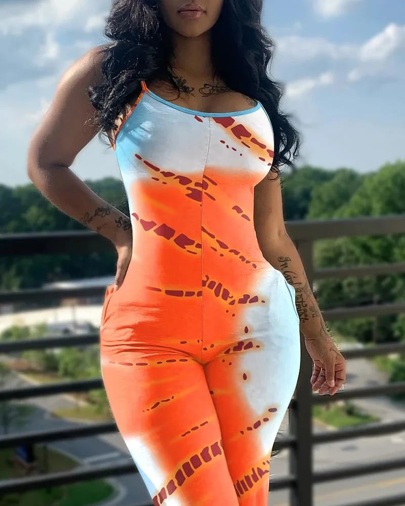 Women's Jumpsuit Summer Fashion Printed Solid Color V-Neck Casual Sleeveless Long Skinny Suspender Jumpsuit