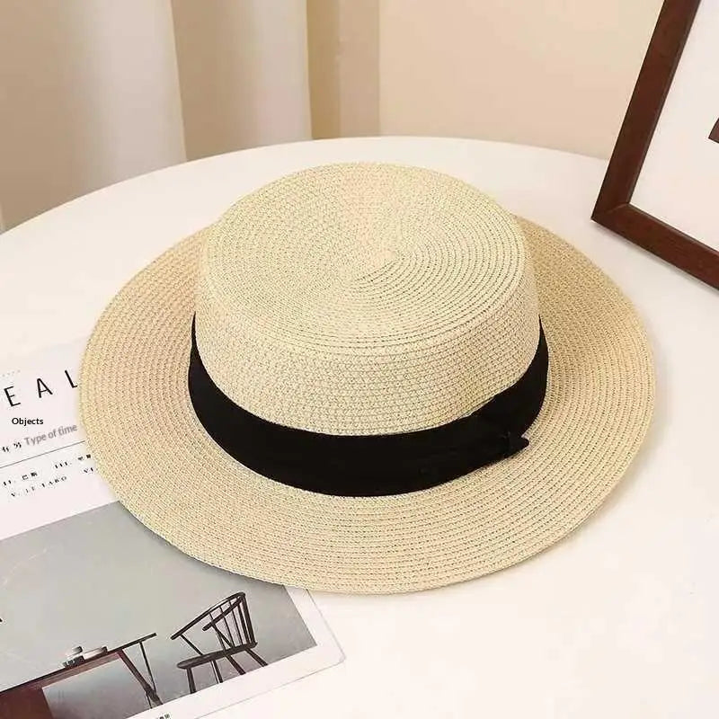 High Quality Flat Top Boater Sun Hat Straw Hat For Men & Women Summer Travel & Beach With Wide Brim UV Protection