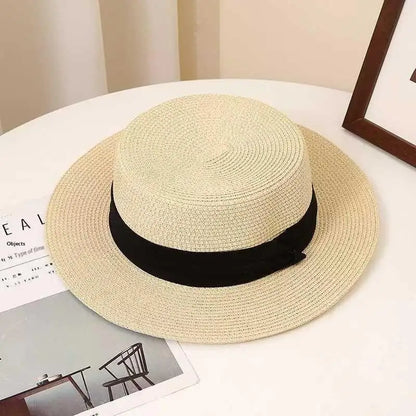High Quality Flat Top Boater Sun Hat Straw Hat For Men & Women Summer Travel & Beach With Wide Brim UV Protection