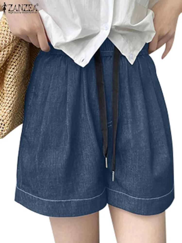 2024 Summer Denim Blue Shorts ZANZEA Women Trousers Elastic Waist Vinatge Pleated Shorts Fashion Wide Leg Pants Casual Shorts