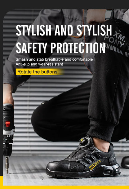 Men Rotating Button Safety Shoes Steel Toe Work Sneakers Indestructible Shoes Puncture-Proof Work Boots Air Cushion Safety Shoes