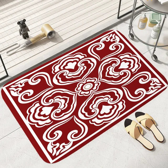 Tapete de chão com padrão vermelho e branco, quarto, banheiro, absorvente, decoração de casa, sala de estar, entrada