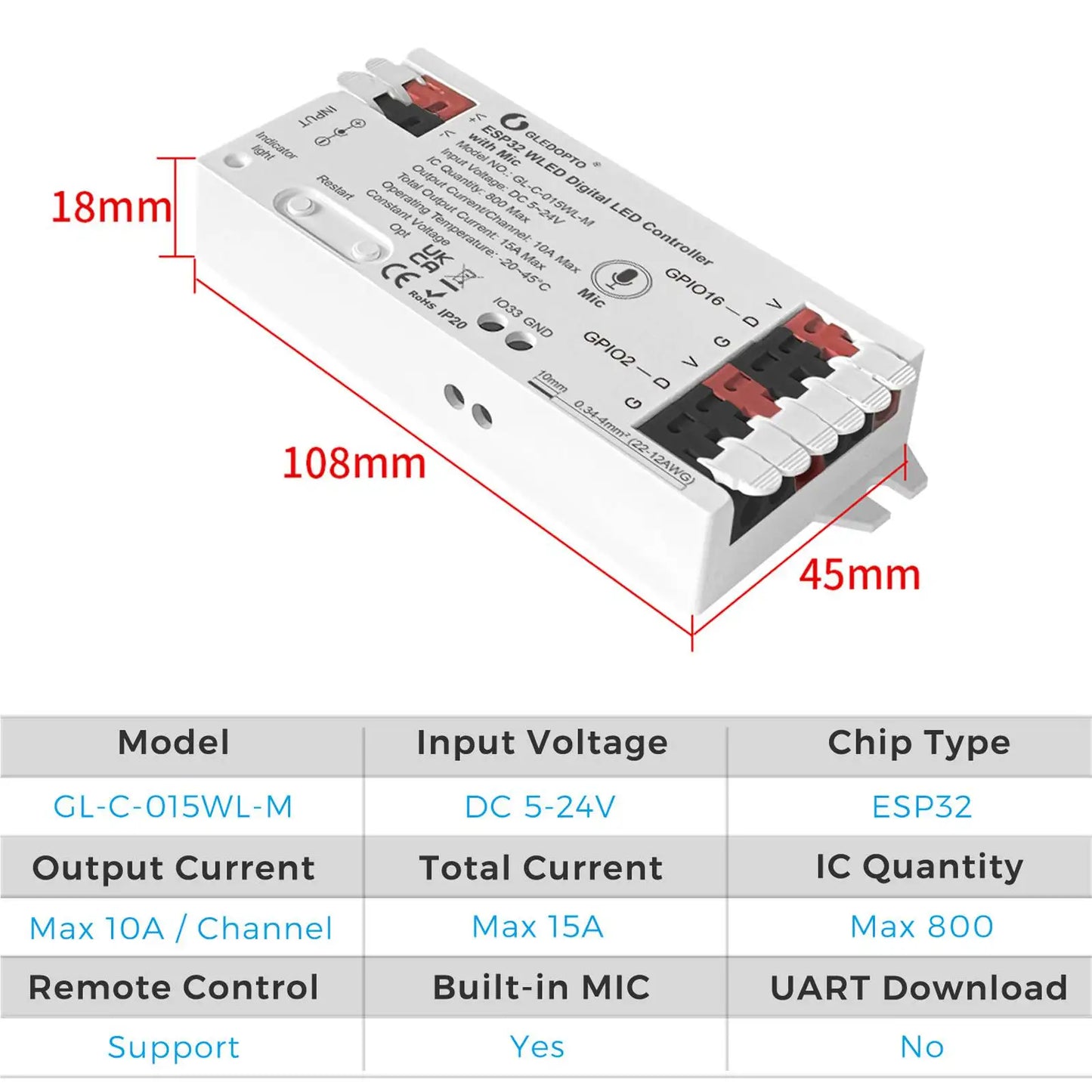 Controlador WLED ESP32 RGBIC COB LED Tira de luz Kit de cinta reactiva al sonido Música Sincronización Funciona con Alexa 24V 5 10 15 20 25 30 40 M
