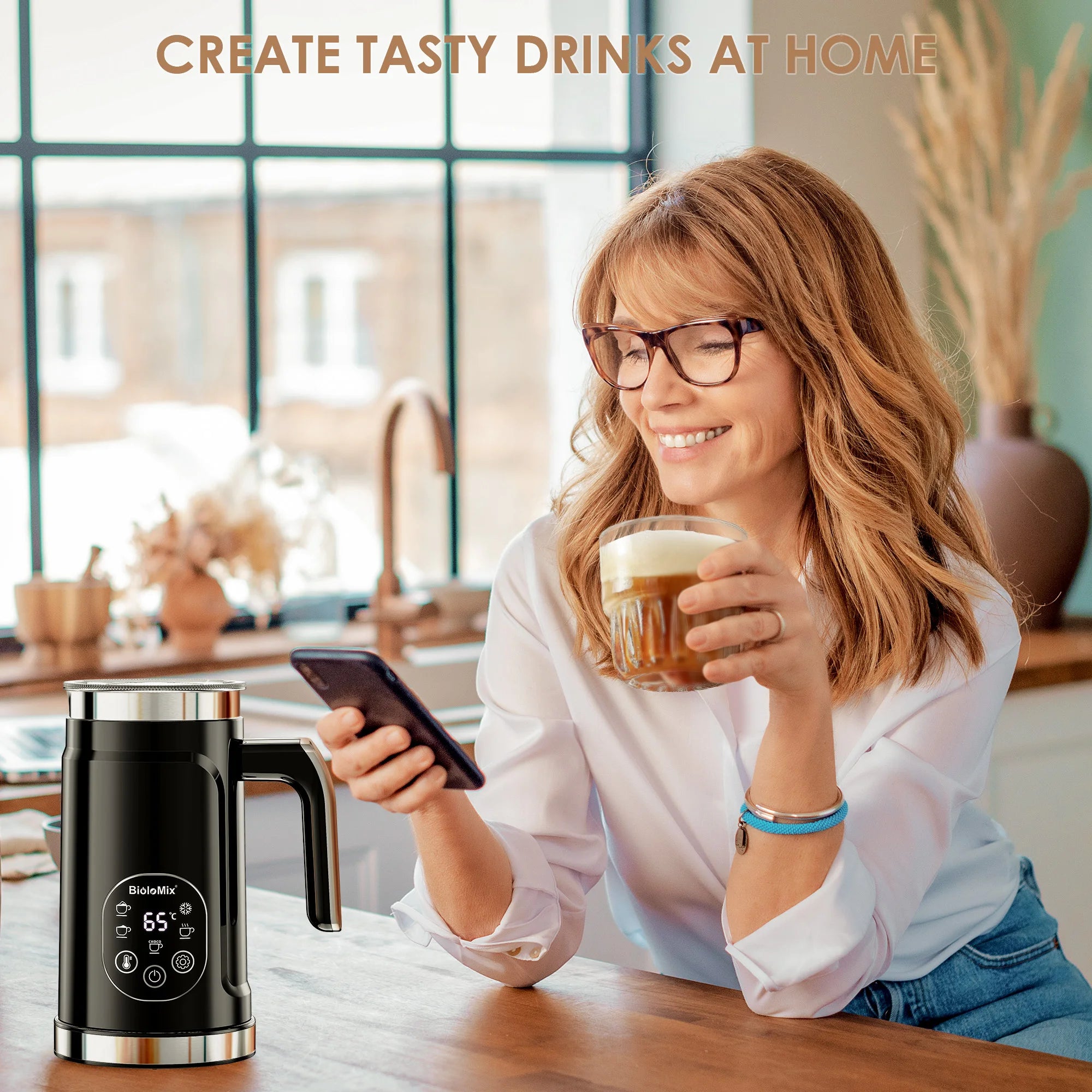 BioloMix Upgraded 5-in-1 LED Touch Screen Milk Frother for Lattes, Hot And Cold Foam Maker