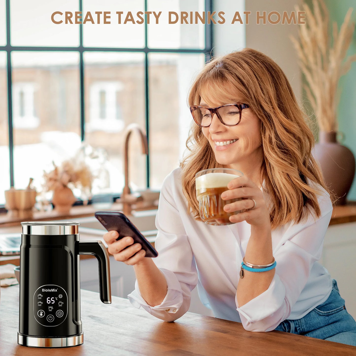 BioloMix Upgraded 5-in-1 LED Touch Screen Milk Frother for Lattes, Hot And Cold Foam Maker