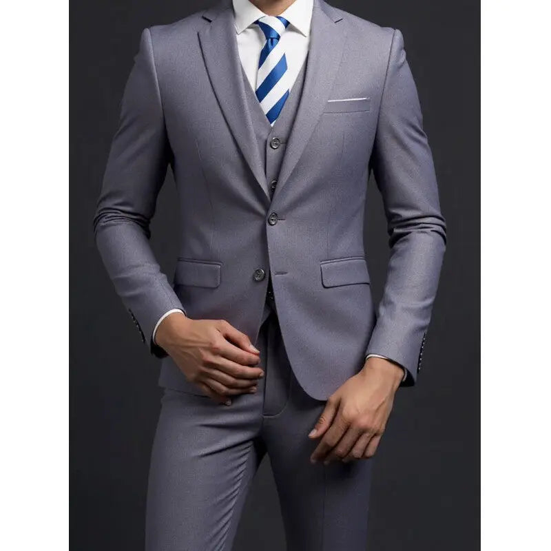 Men's Fashionable Gentleman Business British Style Solid Color Banquet Host Casual Wedding Suit (Blazer + Vest + Trousers)