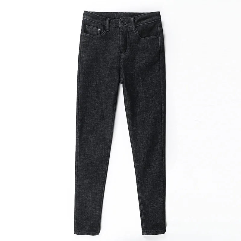 2023 Mujeres Jeans Térmicos Invierno Nieve Cálido Felpa Elástico Jeans Señora Skinny Espesar Polar Denim Pantalones Largos Retro Lápiz Pantalones