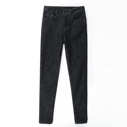 2023 Mujeres Jeans Térmicos Invierno Nieve Cálido Felpa Elástico Jeans Señora Skinny Espesar Polar Denim Pantalones Largos Retro Lápiz Pantalones