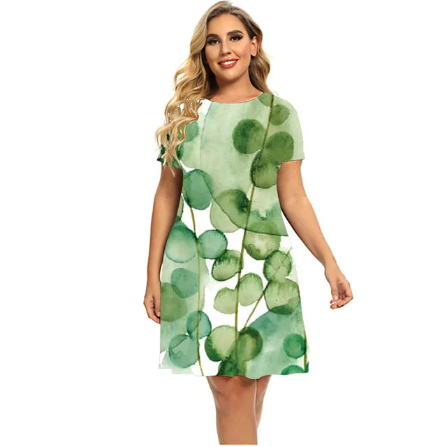 Women's Plant Flower Print Dress Short Sleeve Loose A-line Dress O-neck Casual Dress Plus Size Summer 