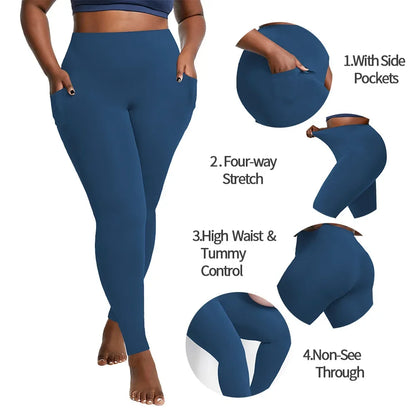 Pantalones deportivos de cintura alta de talla grande con bolsillos laterales dobles, cómodos para yoga y entrenamiento. 