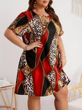 Plus Size Leopard Print Loose Dress, Casual Short Sleeve Dress For Spring &amp; Summer, Women's Plus Size Clothing