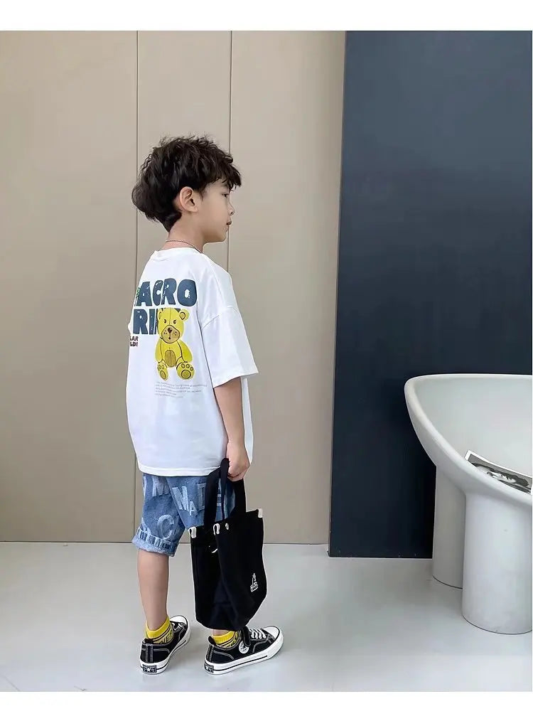 Camiseta de manga corta de verano para niños, Top de cuello redondo para niños pequeños y medianos, moda informal versátil de media manga
